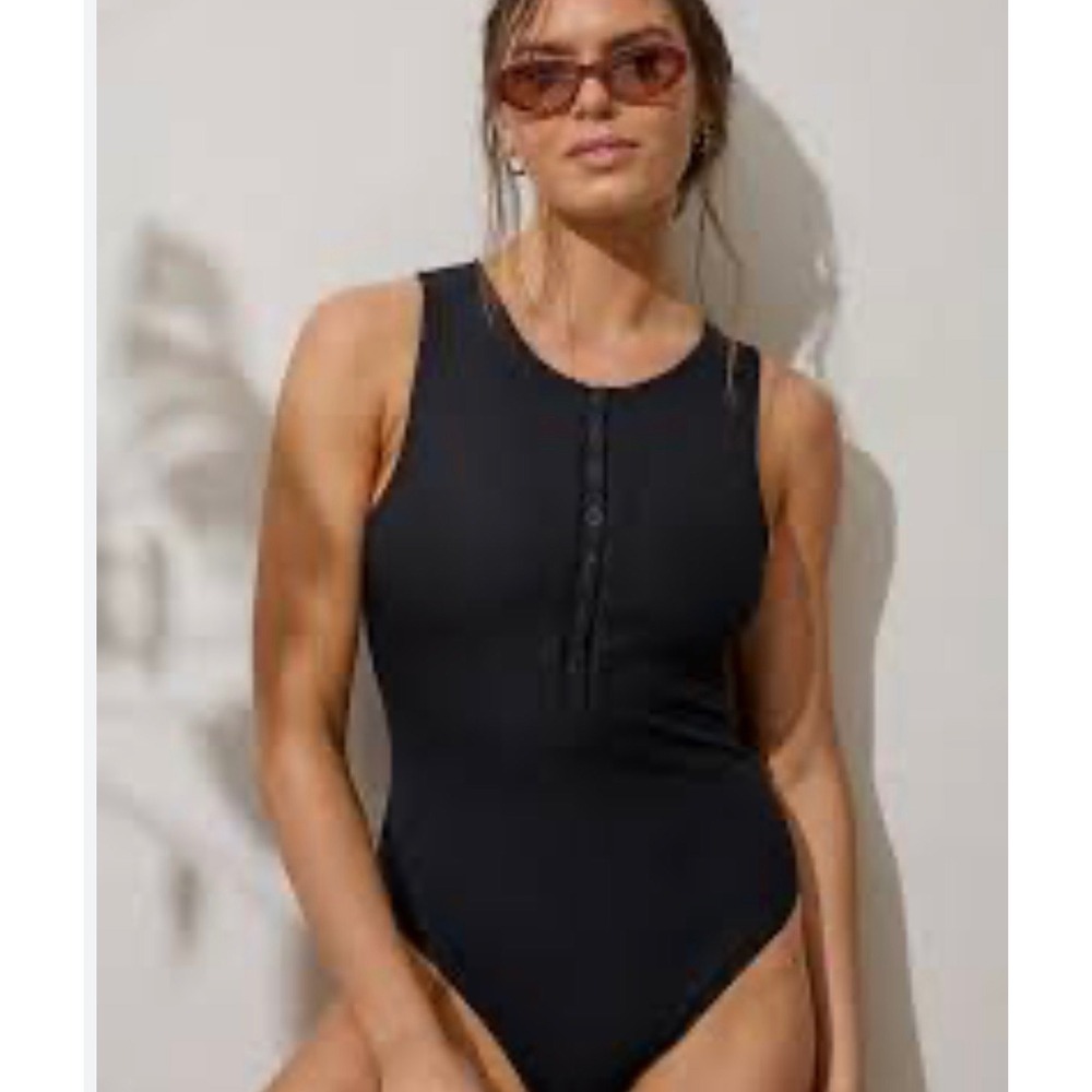 Andie Malibu Ribbed One Piece Bathing Suit XXL Black Snap Front NEW
